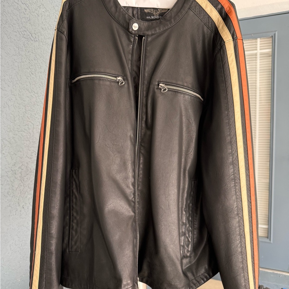 Black Leather Jacket with Striped Sleeves